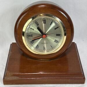 Vintage Sankyo Quartz Clock Small Wooden Circular Desk Mantle Felt Bottom Time